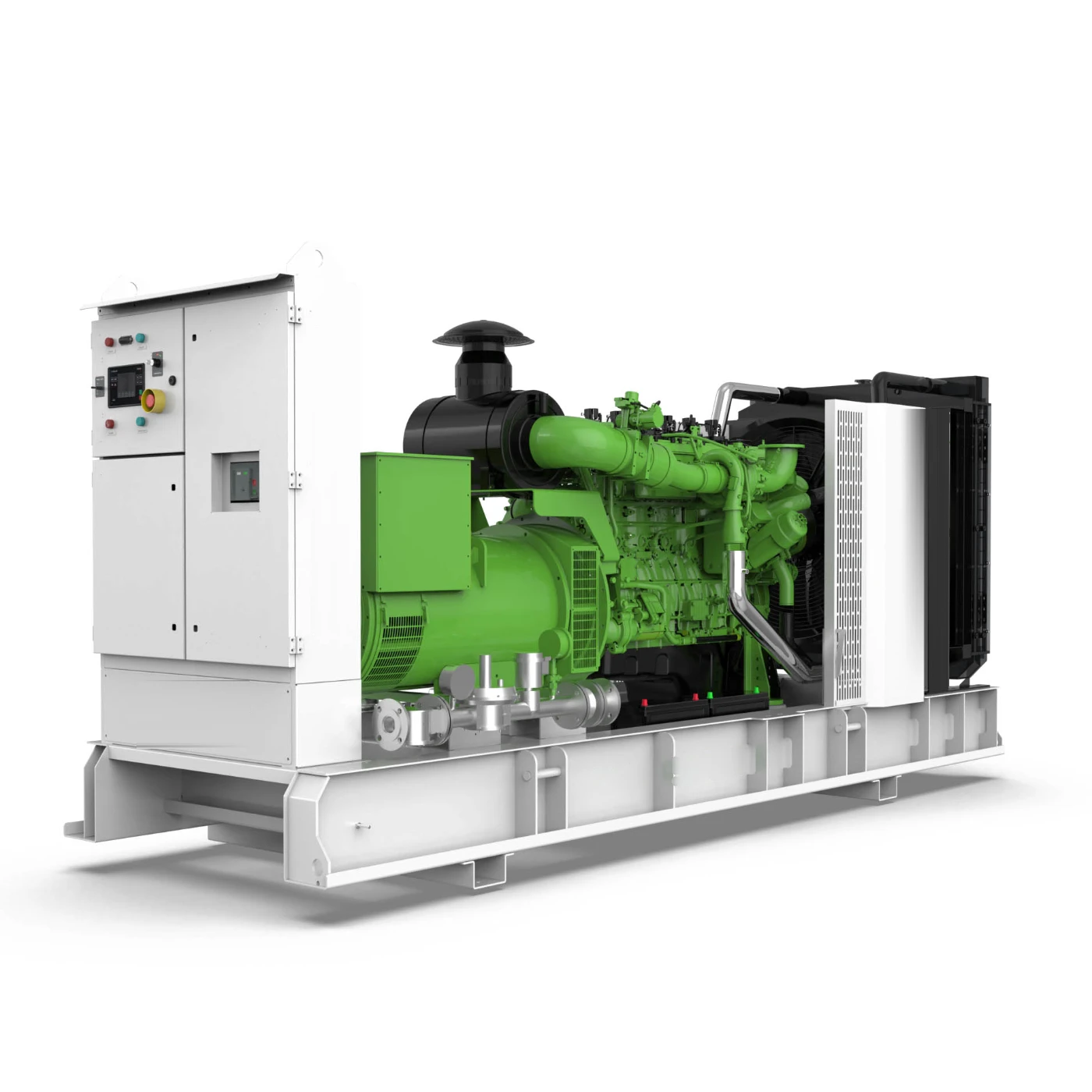 Generador de gas natural BH Power de 220 kW continuos, abierto sobre patín